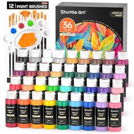 Shuttle Art Juego de pintura acrílica, 36 colores de pintura acrílica con pinceles y paleta, botellas de 2 oz/2.0 fl oz, pigmentos ricos no tóxicos pa