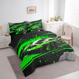 Feelyou Kids Boys Race Car Comforter Set with Sheets,Green Sports Car 7 Piece Bedding Set Full Size,Boys Girls Bedroom Room Decor,Extreme Sports Car Bed in a Bag,Cool Speed Luxury Car Bed Set