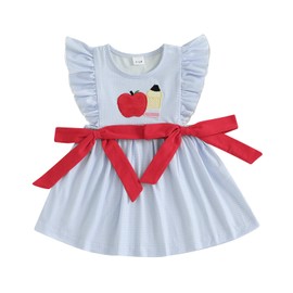 Kids Toddler Girls Back to School Dress First Day of School Apple Embroidery Dress Preschool Kindergarten Outfit (Blue Bowknots, 5-6 Years)