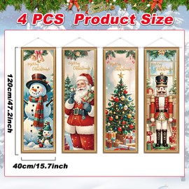 4 Packs Vintage Christmas Banners Porch Signs Decor Xmas Hanging Banner Backdrop Decorations Christmas Tree Santa Snowman Nutcracker Hanging Banner for Outdoor Indoor Xmas Party Supplies Wall Art