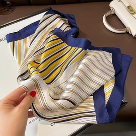 FEIBOON Mulberry Silk Scarfs Neck Scarf 21"x21" Small Square Scarfs hair scarf bandana Neckerchief Headscarf for Women Gift Packed-Blue And Yellow Stripes