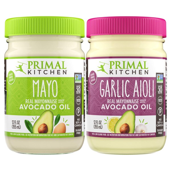 Primal Kitchen Mayo Made with Avocado Oil and Cage-Free Eggs, Variety Two Pack, Original & Garlic Aioli, 12 Ounces, Pack of 2
