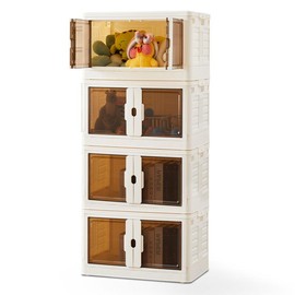 Sweet Furniture Stackable Plastic Storage Bins with Lids - Foldable Storage Boxes with Doors, Wheels, and Lockable Organizers for Living Room, Bedroom:_4 Tier_M:19.8 "L *11.8" W *11.8 "H (37QT),130LBS