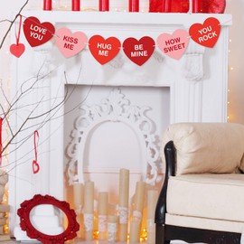 KUUQA Red Pink Conversation Hearts Banner Heart Shape Design Romantic Sign Banner for Valentine's Day Decoration Valentine Heart Decorations for Home, Pre-strung