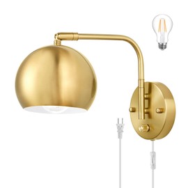 VATONI Plug in Dimmable Wall Sconce Swing Arm Wall Lights with Plug in Cord and Dimmer On/Off Knob Switch, Brushed Brass Globe Wall Light for Bedside Bedroom Bathroom(1 Bulb Included)