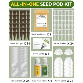 Hydroponics Seed Pod with Genovese Basil & Purple Basil, 24 Pods Complete Kit with Sponge, Basket, Dome, Label, Compatible with AeroGarden, Ahopegarden, GARDENCUBE, iDoo & MUFGA Indoor Smart Gardens