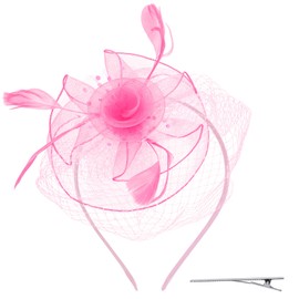 Women's Fascinators Hats Flower Feathers Mesh Fascinators Headwear for Tea Party Cocktail, Pink