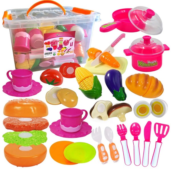 FUNERICA Pretend Play Food Set with Dishes and Cookware Playset for Kids, Cutting Vegetables, Mini Pots and Pans Set, Knife, Cutting Board, Surprise Gift for Girls, Boys, Toddlers