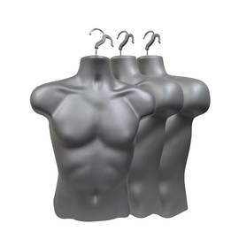 DisplayTown 3 Pack Gray Male Mannequin Injection Form Half Rounded Waist Body Torso Dress Form with Only Hanging Hook, S-M Sizes