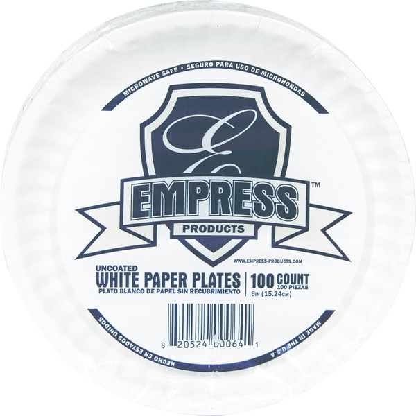 Empress E30200 00064 Uncoated Paper Plate, 6" Size, 12.25" Height, 24.5" Width, 9" Length, White (Pack of 1000)