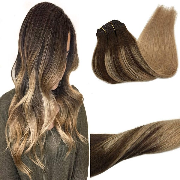 GOO GOO Clip-In Real Hair Extensions, 55 cm, 120 g, 7 Pieces, Chocolate Brown to Dirty Blonde, Real Hair Extensions Clip, Natural Hair Extensions Clip-In