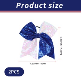 2 Pcs Cheer Bows, Cheer Hair Bows, Cheer Accessories, Blue and White Hair Bow, Cheer Bow, Cheer Bows Set, Sequin and Sparkle Ponytail Accessories for Cheerleading, Dance (White, Blue)
