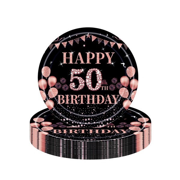 16Pcs Black Rose Gold 50th Birthday Paper Plates 9",Birthday Tableware Party Plate Disposable,Happy 50th Birthday Table Decorations Plates Birthday Gifts for Women,Ladies,Her 50th Birthday Décor