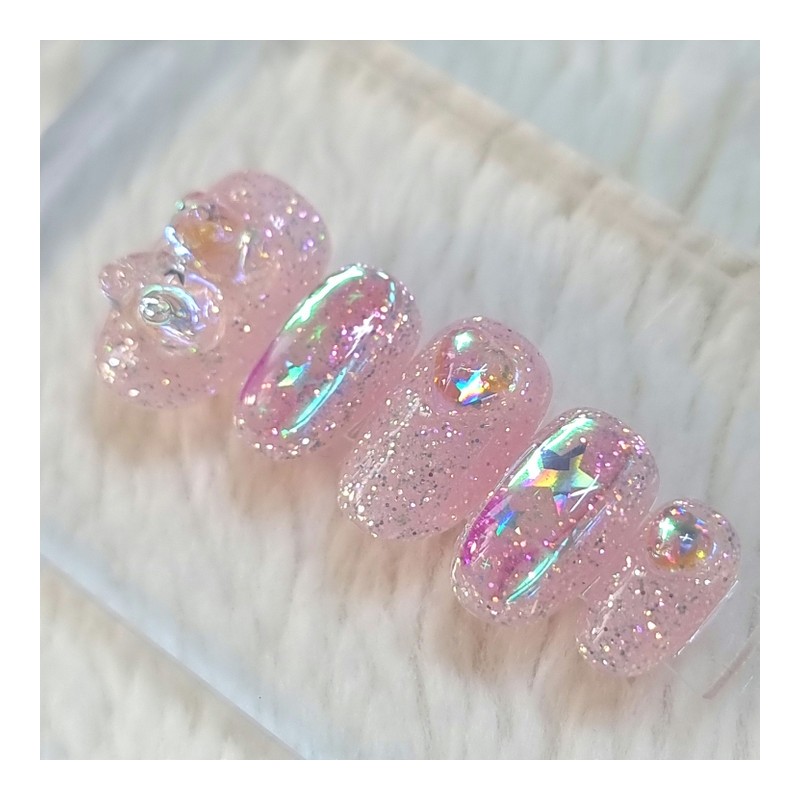 Pink Bear Star UruUru Handmade Nail Tip - Stiletto /