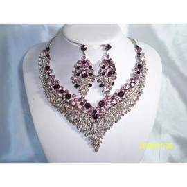 treasuresbyevieus.etsy.com Purple rhinestone necklace set, prom party statement wedding bridal MOB necklace