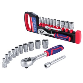 WORKPRO Socket Wrench Set, Ratchet Wrench, Insertion Angle 0.25 inches (6.35 mm), 12 Piece Set, Hex Socket, Quick Release Ratchet Handle, Car Tool, Holder Included, Car, Motorcycle, Machine