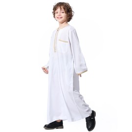 OBEEII Boy's Muslim Arab Solid Color Thobe Long Sleeve Kaftan Embroidered Robe Islamic Arabic Abaya Thobe White 9-10 Years