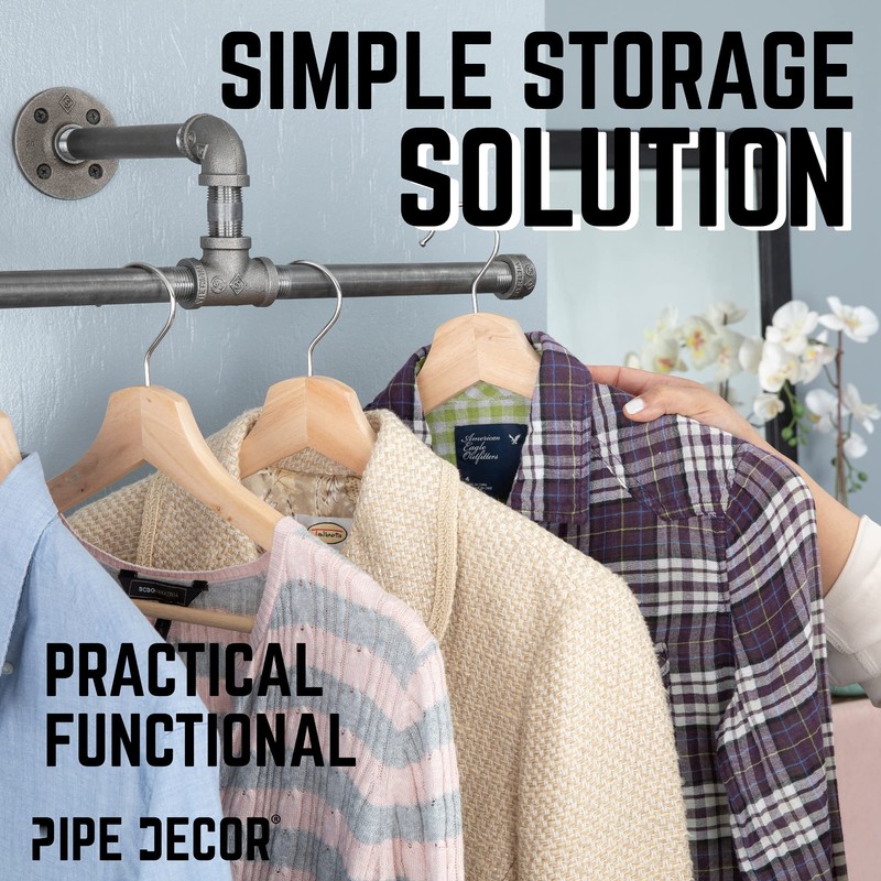 PIPE DECOR Black Steel Wall-Mounted Tee-Style Clothing Rack Kit, DIY
