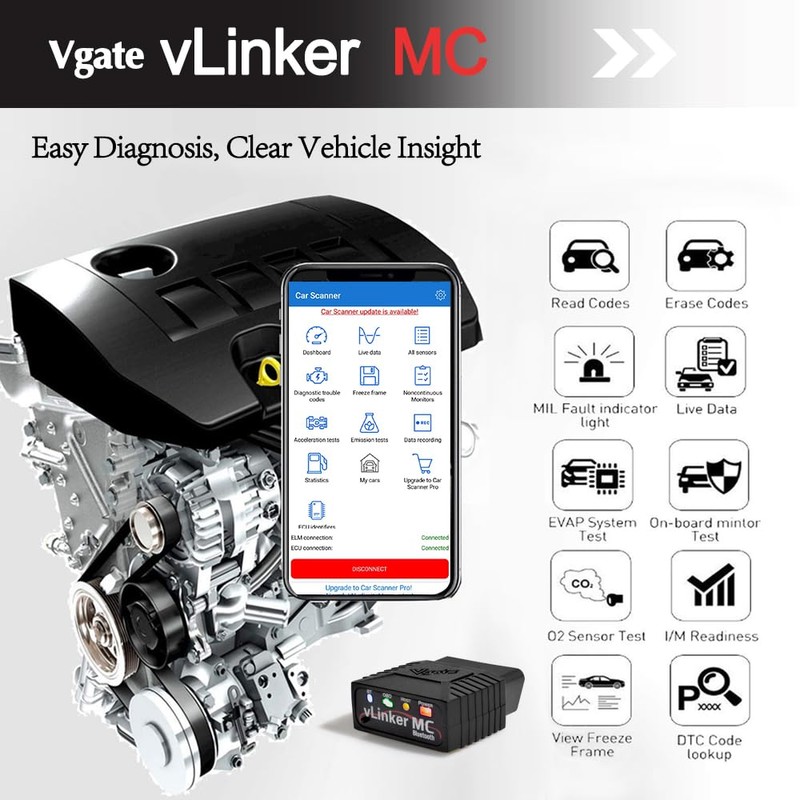 Vgate vLinker MC Bluetooth OBD2 Diagnostic Scanner for Android &