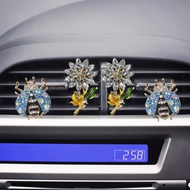 4PCS Bling Ladybug Flower Car Air Freshener Vent Clips, Crystal Rhinestone Car Diffuser Air Vent Clip, Cute Air Conditioner Outlet Clip Charm, Car Interior Decorations for Women Girls (Silver/Blue)