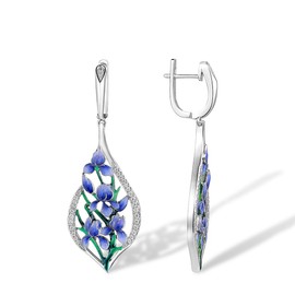 Santuzza 925 Sterling Silver Purple Orchid Earrings Cubic Zirconia Handmade Enamel Flower Dangle Earrings for Women
