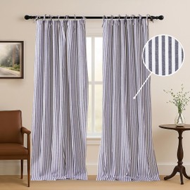 Gauze Striped Curtains,Boho Linen Tab Top Hanging Curtains Light Filtering Door Window Treatment 2 Panel Curtain Drapes for Living Room Home Décor Navy Blue on White (L72''xW42'' Each Panel)
