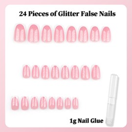 Pink Glitter False Nails French Tip - 24PCS Medium Square Press on Nails - Stick on Nails - Long Last Fake Nails with Glue - Full Cover Nail Tips and Glue for French Manicure Home