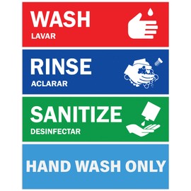 Wash Rinse Sanitize Sink Labels - 2.75" x 9" - Also Includes Hand Wash Only Sign - Ideal Handwashing Signs for 3 Compartment Sink - Perfect Label Stickers for Restaurant, Commercial Kitchen, Food Truck, Bussing Station, Wash Station