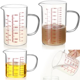 Lallisa 3 Pack High Borosilicate Glass Measuring Cups with Handle and V Shaped Spout with 3 Scales (Oz, Cup, Ml) for Kitchen Restaurant, Easy to Read, 4, 2, 1 Cup(Red Scale)