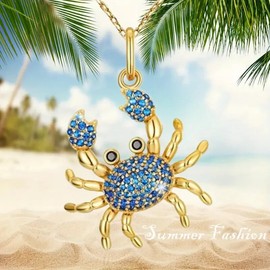 Crab Fashion Women Summer Beach Blue Rhinestone Crab Pendant Necklace Golden Gift New