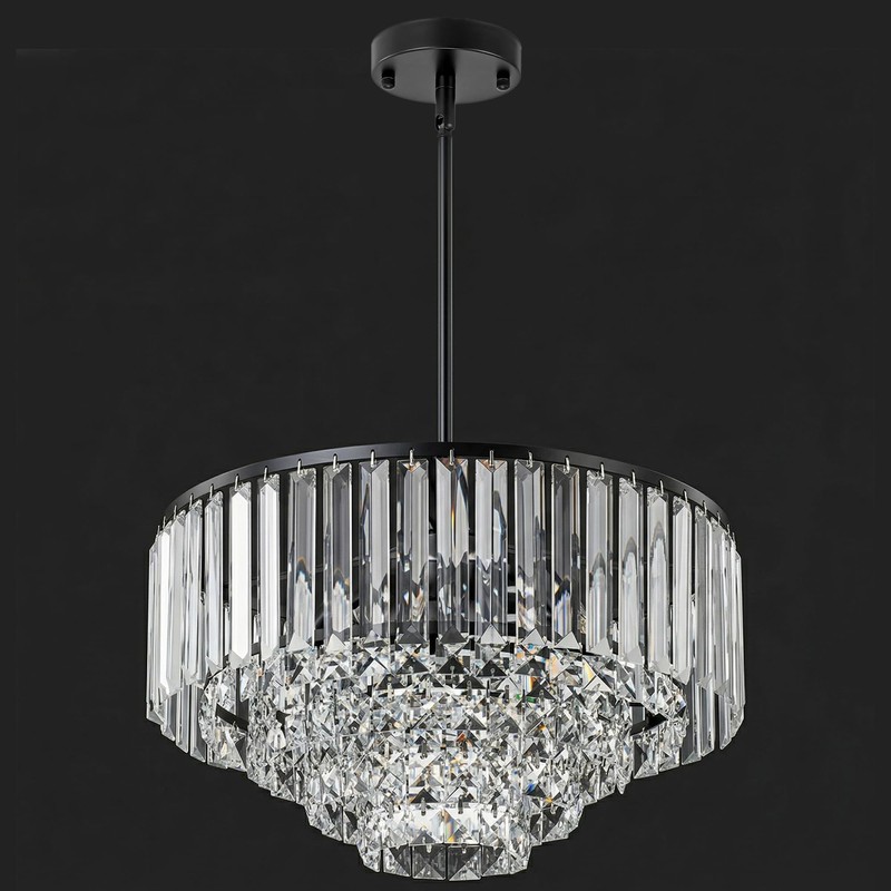 Helitemis Modern Tiered Crystal Chandelier, Black Modern Pendant Light with