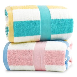 Jacquotha 100% Cotton Bath Towels Set of 2, Highly Absorbent Striped Towels for Bathroom, Hotel, Spa, Large 55 x 27.5 Inches (Peach-Pink & Teal)