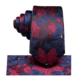 Dubulle Boy's Burgundy Flower Tie Set Silk Woven Burgundy and Blue Necktie Set for Boy Graduation Tie Set