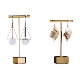 GISELA D 2pcs Gold Metal Earrings T Bar Stand Retail Display Holder for Shows Jewelry Online Store Photo Display Props (Gold Hex Base 4.5" Height and 5.3")