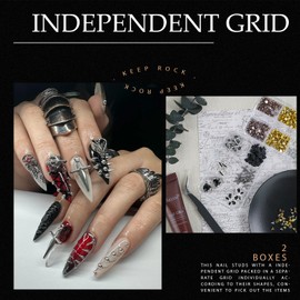 YAEISM 2 Boxes Black Nail Charms Set 3 Colors Spike Charms for Nails Crystal Heart Nail Charms Acrylic Bow Nails with Glue Gel,Tweezer for Nail Art and DIY Crafts Decoration