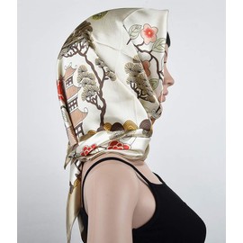 corciova 35 Womens Square Silk Hair Scarf Headscarf Linen Beige Phoenix Pine Curly Headband Tie Sleeping at Night Fashion