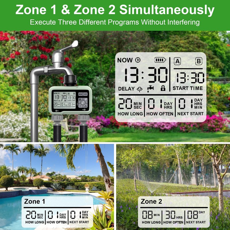 Irrigation Computer with 2 Independently Controlled Outputs, Digital Watering Timer