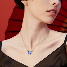 Hipunk Butterfly Blue Necklace Birthstone Women 925 Sterling Silver September-Sapphire Birth Stone Animal Butterflies Pendant Crystal Birthday Jewelry SP0075S