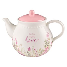With Love Floral Inspirational Teapot for Women, Faith Hope Love Pink Floral, Microwave Safe, Lead & Cadmium-free, 36oz. Ceramic