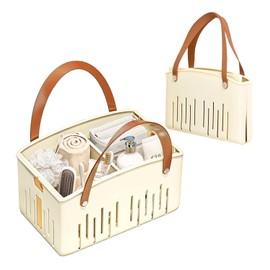 Portable Shower Caddy,Foldable Shower Caddy with Handle and Adjustable Divider,Plastic Shower Storage Basket,Quick Dry Bathroom Shower Organizer Bin for College,Dorm Room,Travel Essentials(Cream)