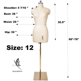 lavandeform Female Sewing Mannequin, Size12 Professional Dress Form for Display and Tailor Design,Sewing Mannequin Foam Body for Pinning.Height Adjustable Torso with Stable Metal Base. (Beige, 12)