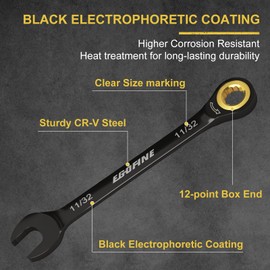 Egofine 11/32 Ratchet Wrench, 11/32 Wrench Ratcheting Combination Wrenches SAE, Industrial Grade Gear Spanner with 12 Point Box End, 72-Teeth Ratchet Black Electrophoretic Coating,CR-V