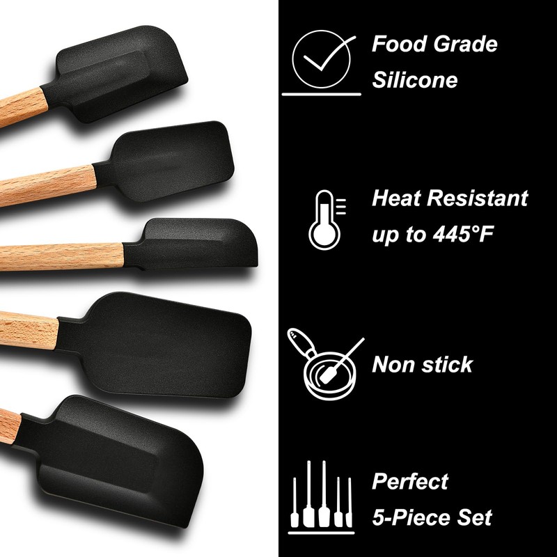 Black Silicone Spatula Set, Food Grade Rubber Spatula-5 Piece Nonstick