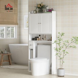 HOMCOM Over The Toilet Storage Cabinet, Modern Above Toilet Bathroom Organizer with 2 Doors, Storage Shelves, Toilet Paper Holder, Freestanding Space Saver for Bathroom, Laundry, White