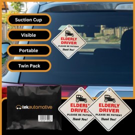 Tek Automotive Elderly Driver Please Be Patient Car Sign | Funny Car Accessories Twin Pack | 5.5" x 5.5" with Suction Cup | Unique Car Gift for Senior Drivers | Car Stickers and Decals