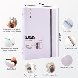 CAGIE A5 Binder 6 Ring Binder Notebook with Dividers Refillable Planner Binder with Pockets, A5 Refill Paper Include Planning Square Ruled and Dotted Pages, 7 x 9.25 in, Purple