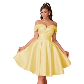 Off Shoulder Homecoming Dresses 2025 Satin Short Prom Dresses for Teens Mini Birthday Dresses for Women Yellow Size 2