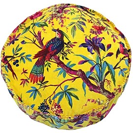 Riva Paoletti Paradise Round Cushion Cover - Yellow - Colourful Bird Print - Faux Velvet Fabric - Blanket Stitched Edges - 100% Cotton - 50 x 50 x 12cm (20" x 20" x 5" inches) - Designed in the UK