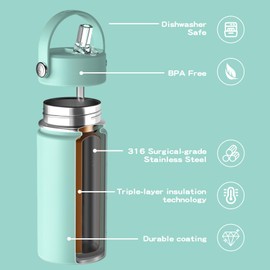 Kids Water Bottle with Straw Lid 14oz, Vacuum Insulated 316 Stainless Steel Water Bottles for Kids for School, Leakproof Water Bottle, BPA Free and Keep Cold for 24 Hours