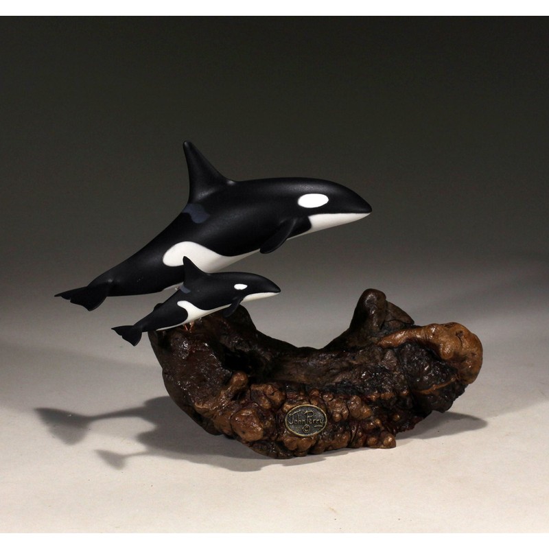 Orca Killer Whale & Calf Sculpture by John Perry 7in